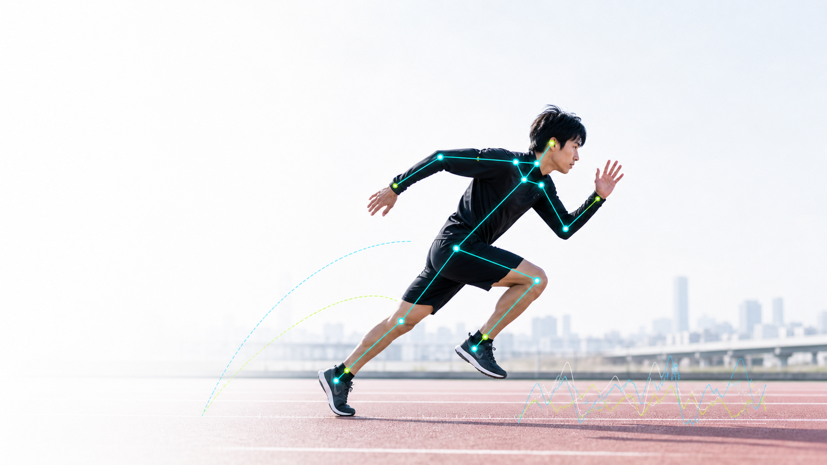 走る選手の動きをAIで解析したイメージ